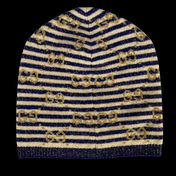 Gucci Knit Beanie in Blue and Ivory with Gold Lamé - Picture 3 of 6